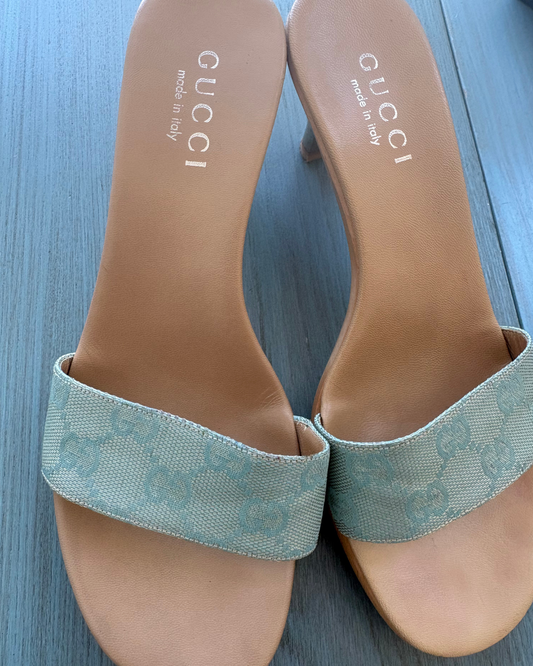 Gucci Blue Monogram Kitten Heels