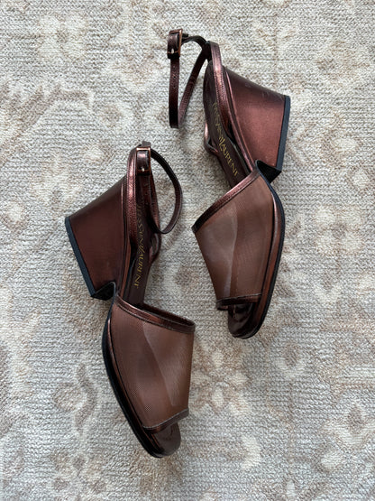 Yves Saint Laurent Brown Block Mesh Heels