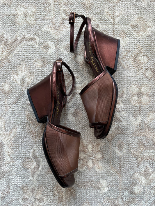 Yves Saint Laurent Brown Block Mesh Heels