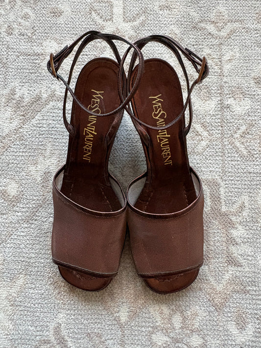 Yves Saint Laurent Brown Block Mesh Heels