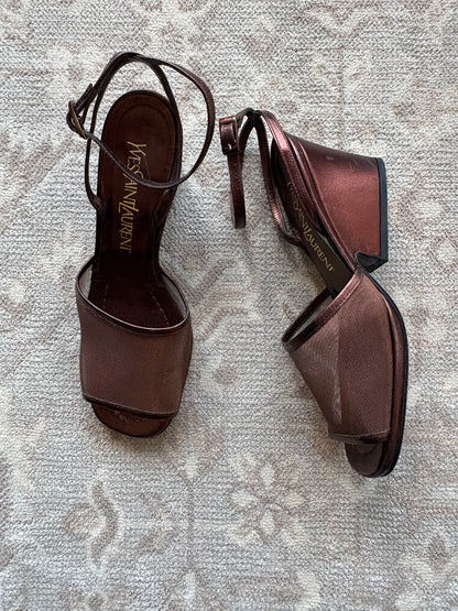Yves Saint Laurent Brown Block Mesh Heels