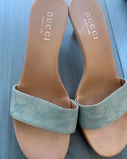 Gucci Blue Monogram Kitten Heels