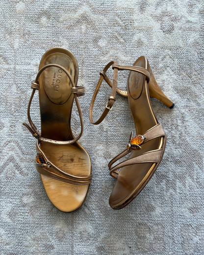 Gucci Amber Suede Strappy Heels with Bee Accent