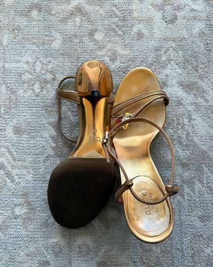 Gucci Amber Suede Strappy Heels with Bee Accent