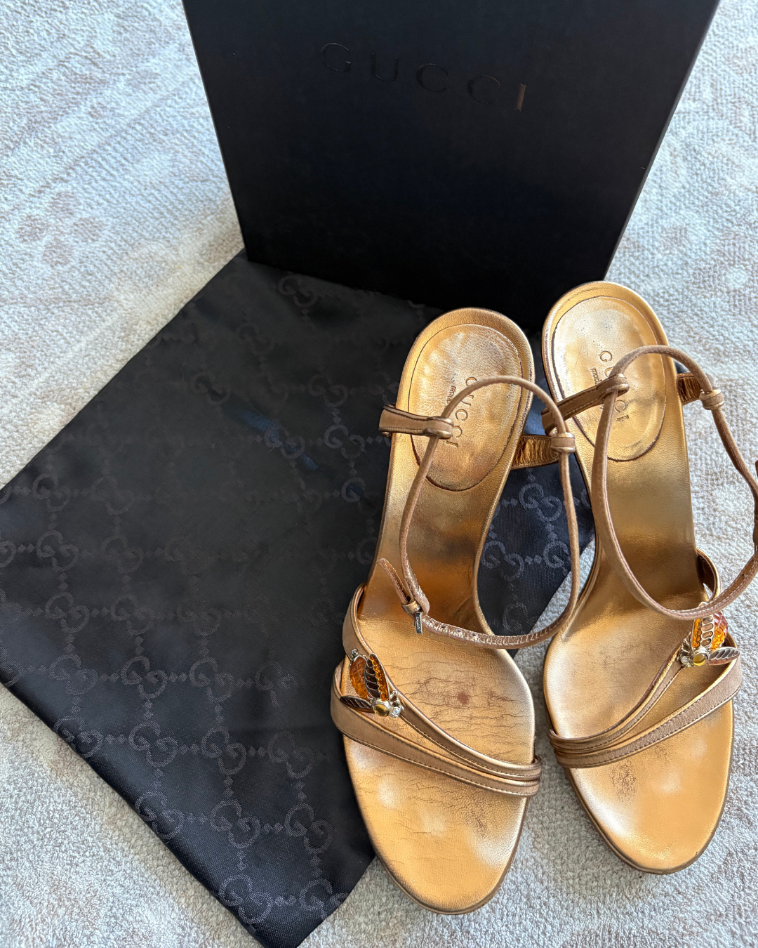 Gucci Amber Suede Strappy Heels with Bee Accent