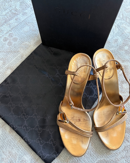 Gucci Amber Suede Strappy Heels with Bee Accent