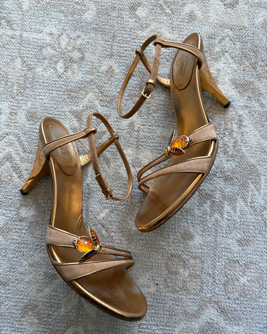 Gucci Amber Suede Strappy Heels with Bee Accent