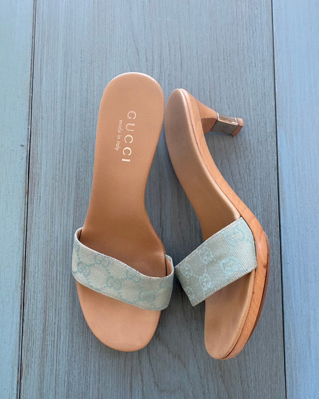 Gucci Blue Monogram Kitten Heels