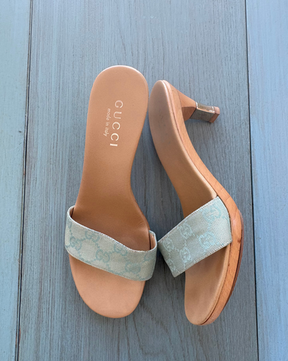 Gucci Blue Monogram Kitten Heels
