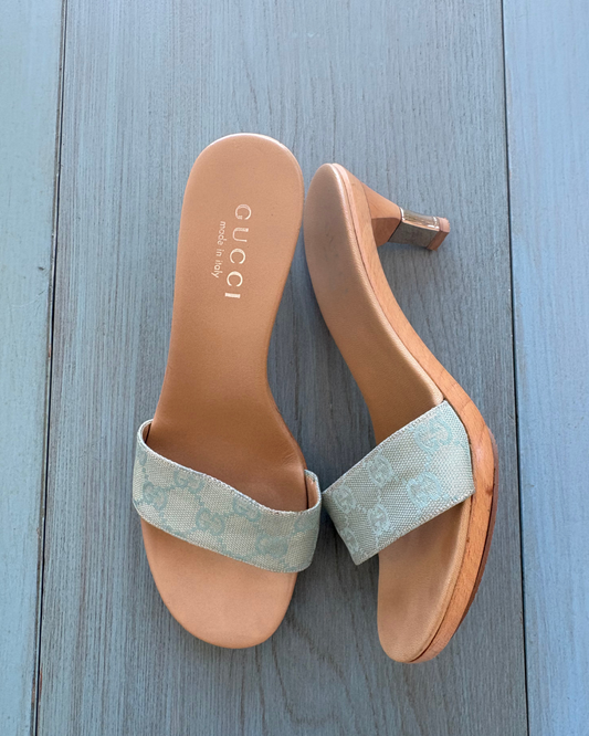 Gucci Blue Monogram Kitten Heels