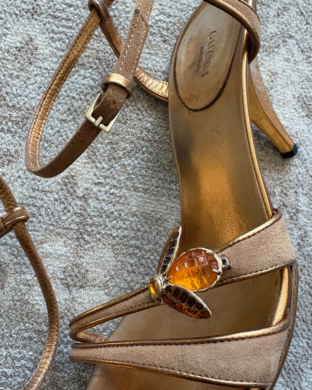 Gucci Amber Suede Strappy Heels with Bee Accent
