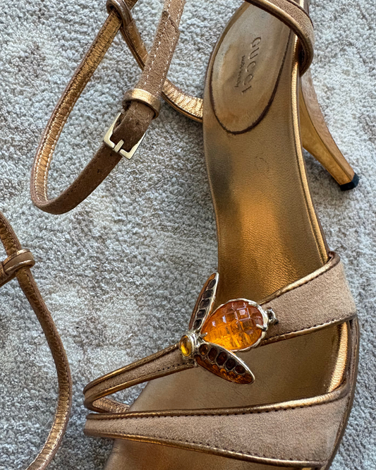 Gucci Amber Suede Strappy Heels with Bee Accent