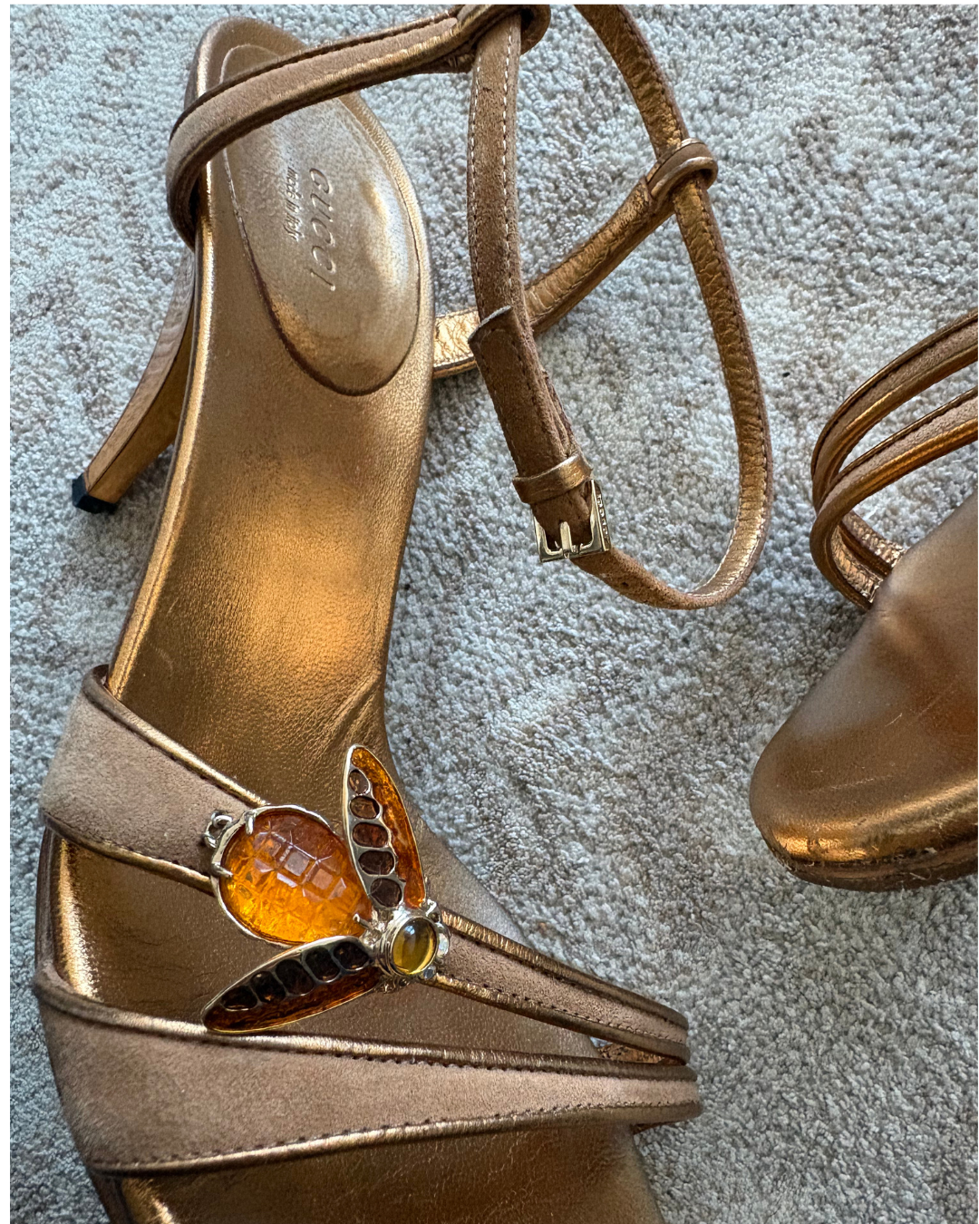 Gucci Amber Suede Strappy Heels with Bee Accent