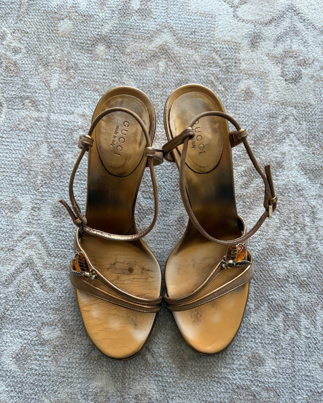 Gucci Amber Suede Strappy Heels with Bee Accent